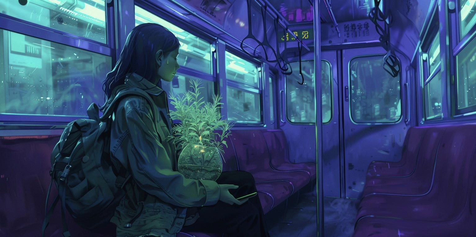 A person on a quiet late-night journey, phone in hand — private, offline, no cloud