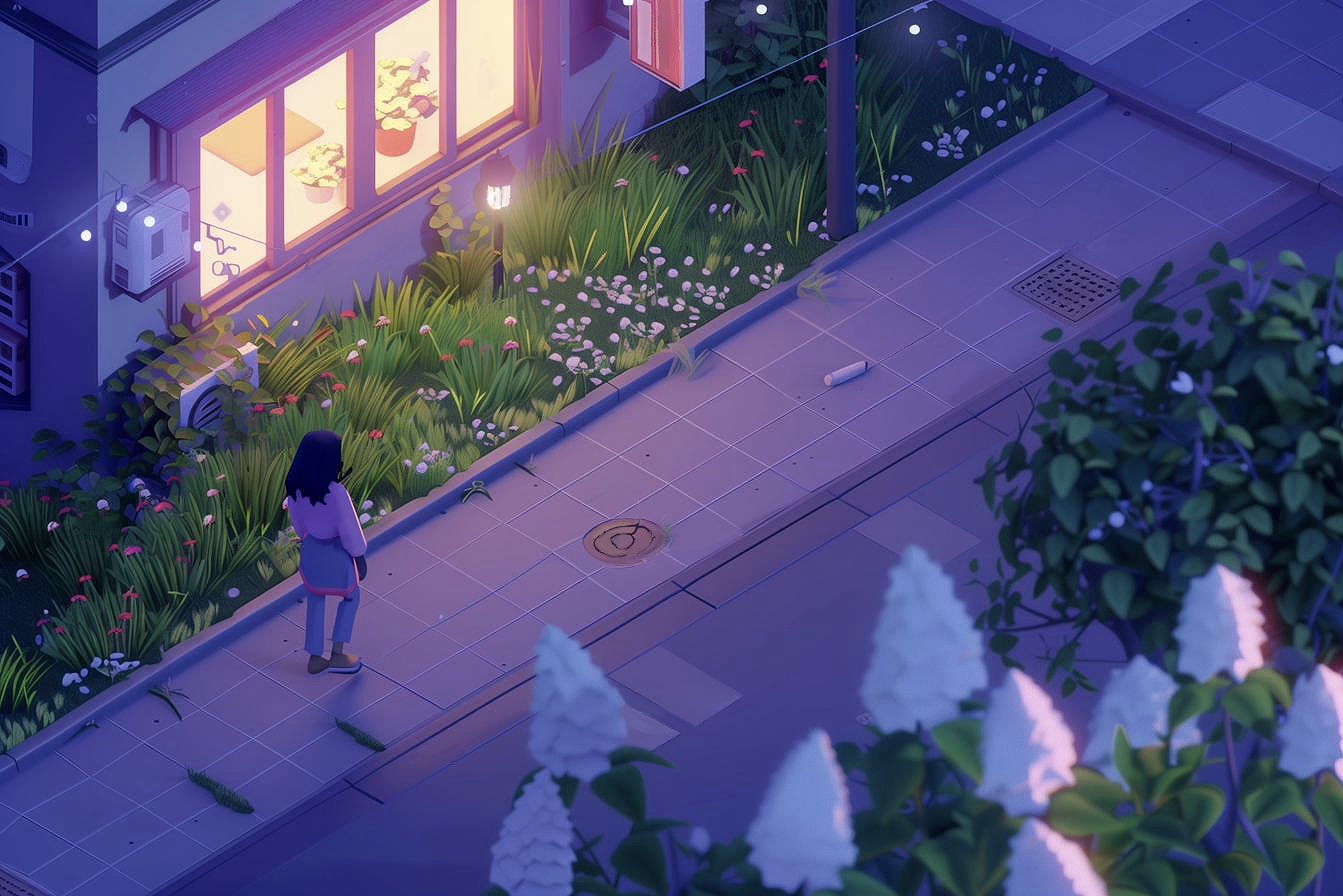 A person on a quiet city street at night, pausing in thought